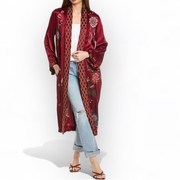 Johnny Was Tops - JOHNNY WAS XS Messine Long Kimono Floral Embroidered Pomegranate/Burgundy NWT